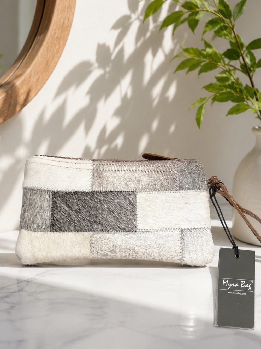 Myra Bag Patchwork Haircalf Cosmetic Pouch in Gray & White